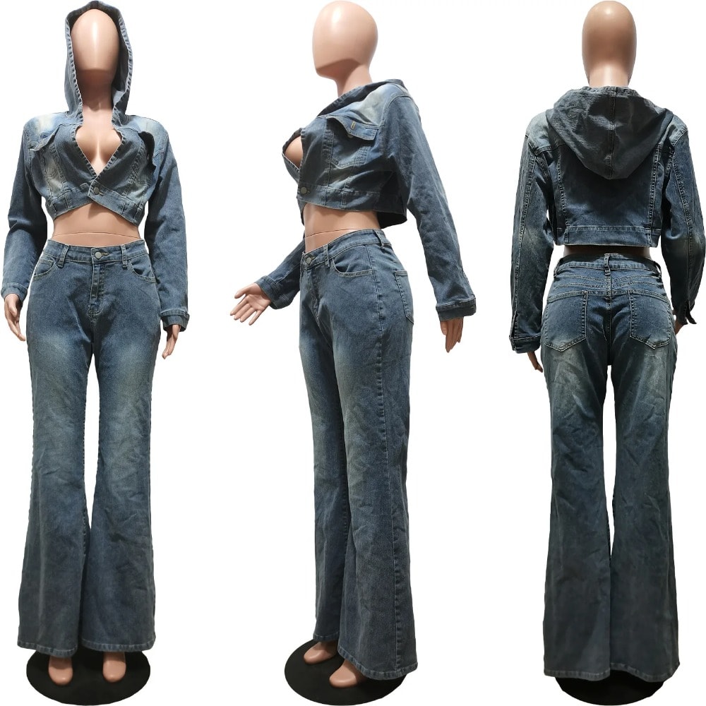 Vintage Denim Two Piece Set: Turn-down Collar Crop Top + Flare Pants - Women's Streetwear Suit